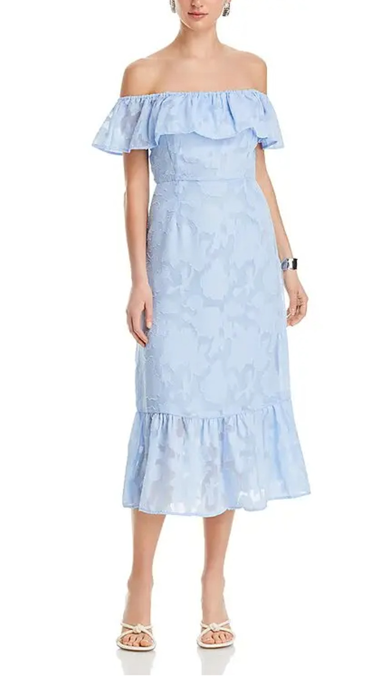 KOKO + MASON WOMENS SIZE MEDIUM OFF SHLDR JACQUARD LINED MIDI DRESS BLUE NEW